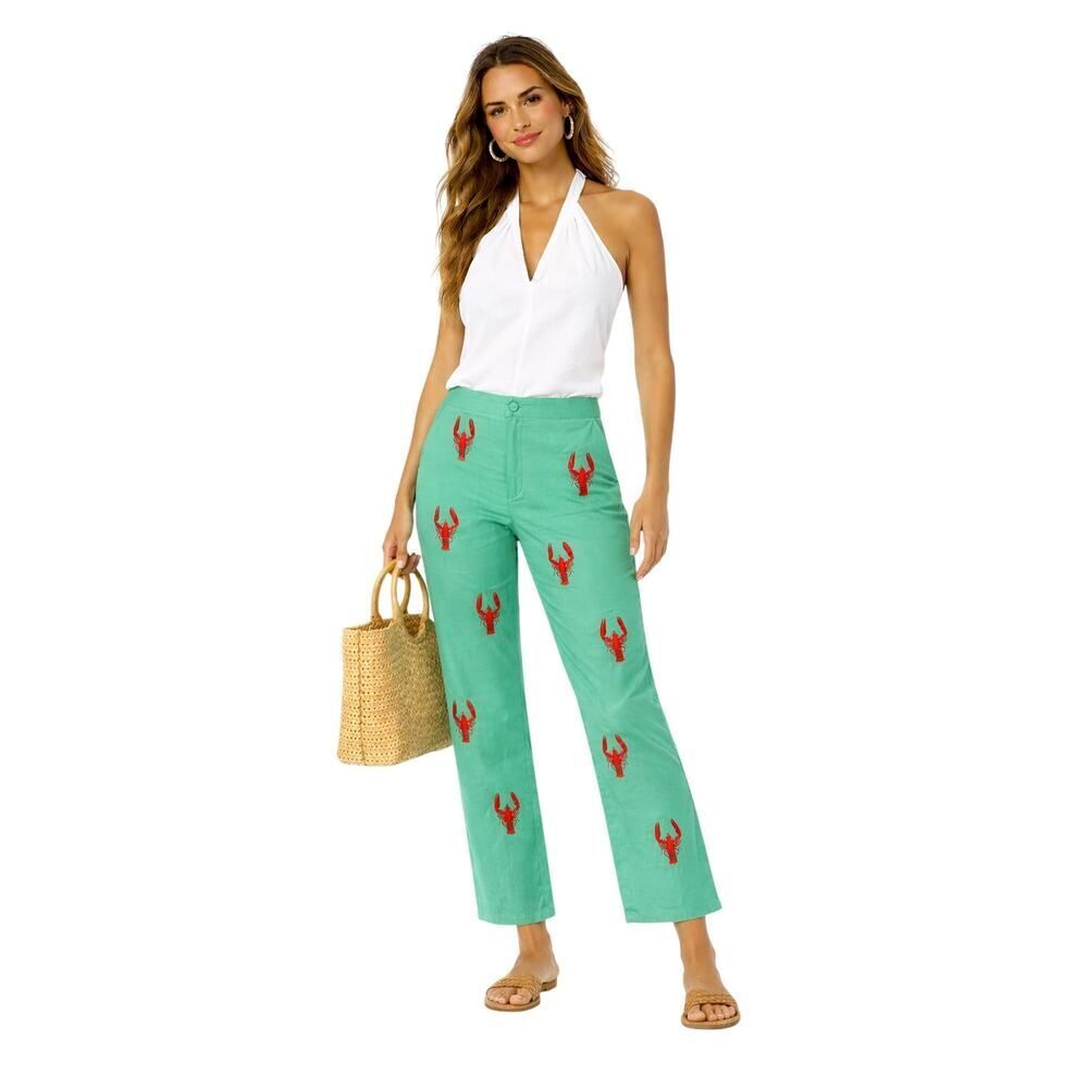 CJ LAING Women's Vintage Embroidered Lobster Print Cropped Pants Green Size 8